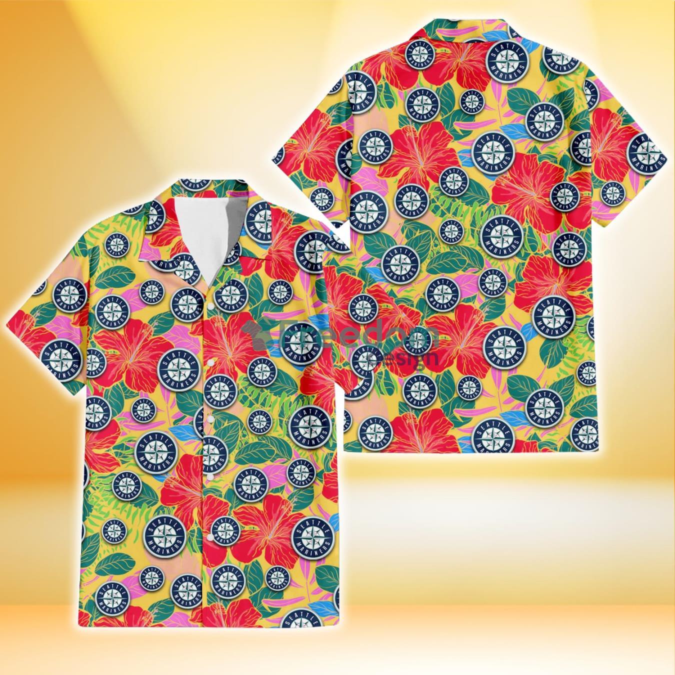 Seattle Mariners Red Hibiscus Green Blue Leaf Yellow Background 3D Hawaiian Shirt Gift For Fans Product Photo 1