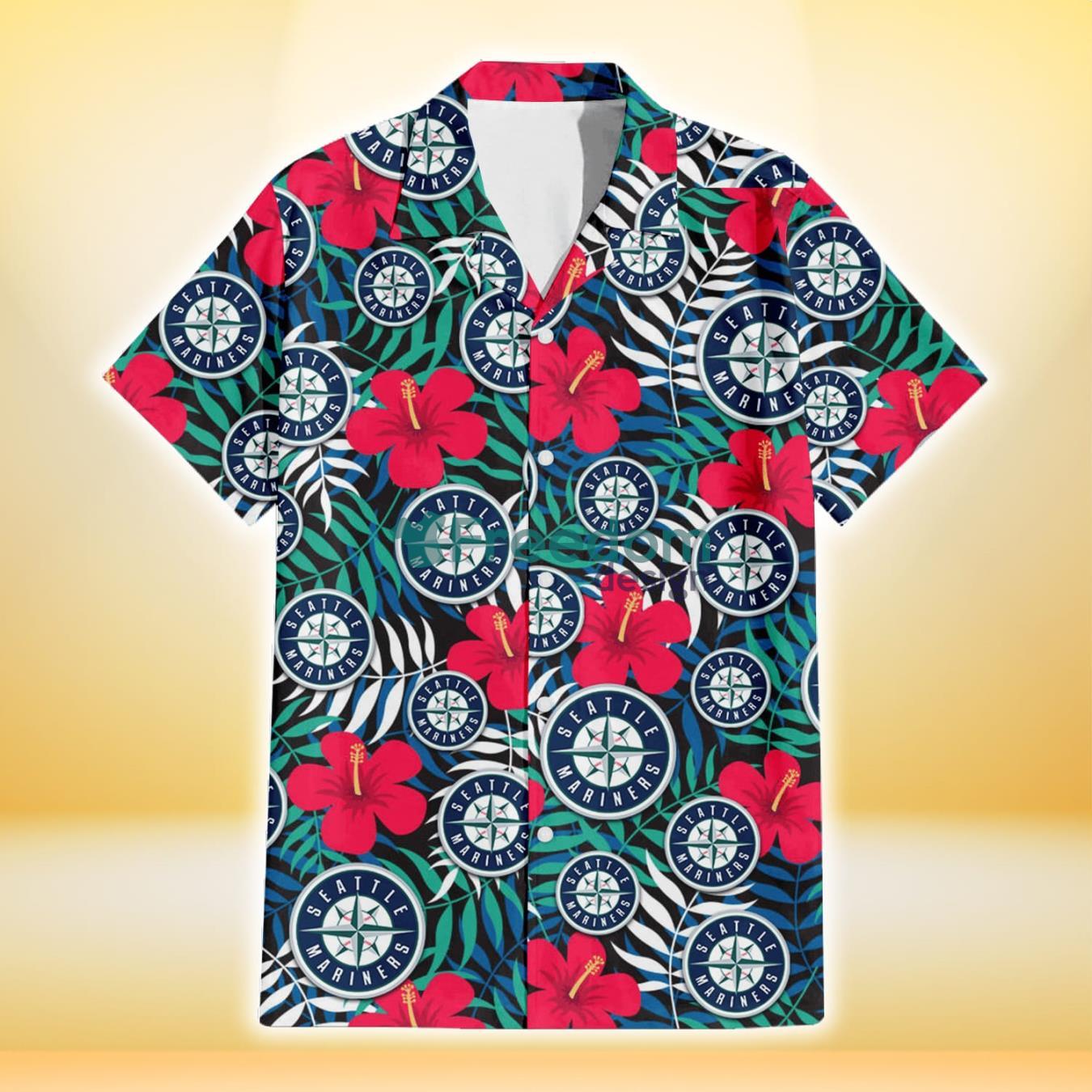 Seattle Mariners Red Hibiscus Green Blue White Leaf Black Background 3D Hawaiian Shirt Gift For Fans Product Photo 2