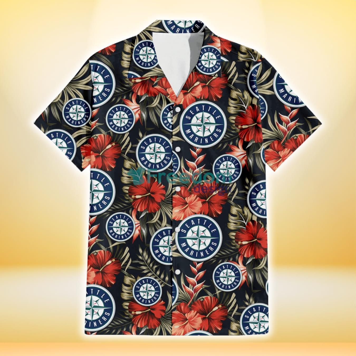 Seattle Mariners Red Hibiscus Green Leaf Dark Background 3D Hawaiian Shirt Gift For Fans Product Photo 2