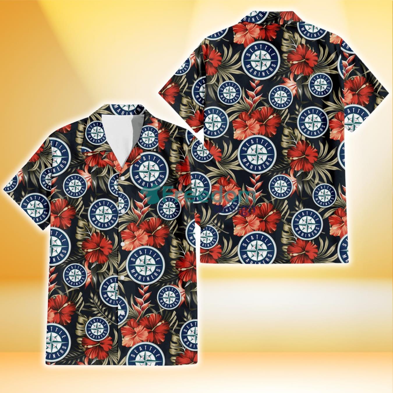 Seattle Mariners Red Hibiscus Green Leaf Dark Background 3D Hawaiian Shirt Gift For Fans Product Photo 1