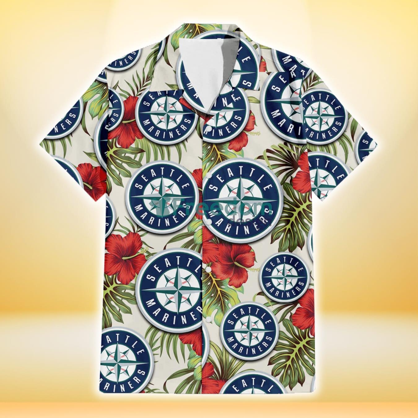 Seattle Mariners Red Hibiscus Green Tropical Leaf Cream Background 3D Hawaiian Shirt Gift For Fans Product Photo 2