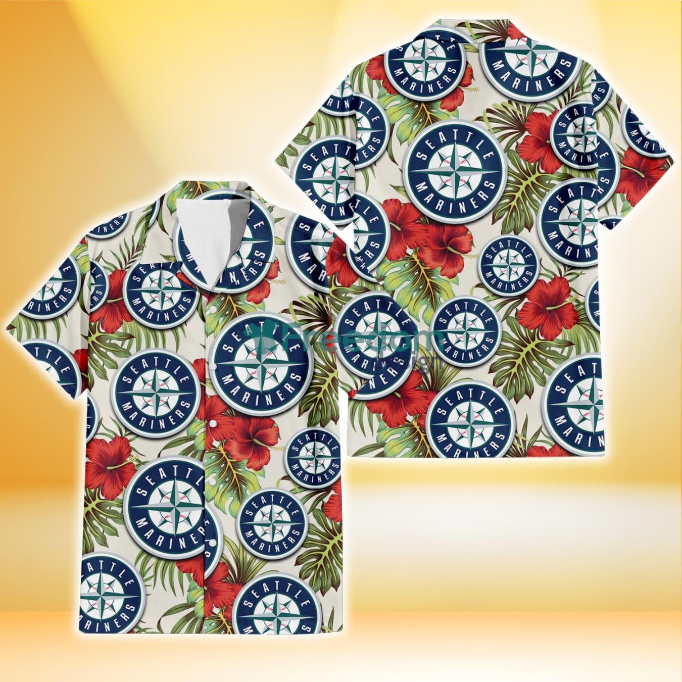 Seattle Mariners Red Hibiscus Green Tropical Leaf Cream Background 3D Hawaiian Shirt Gift For Fans Product Photo 1