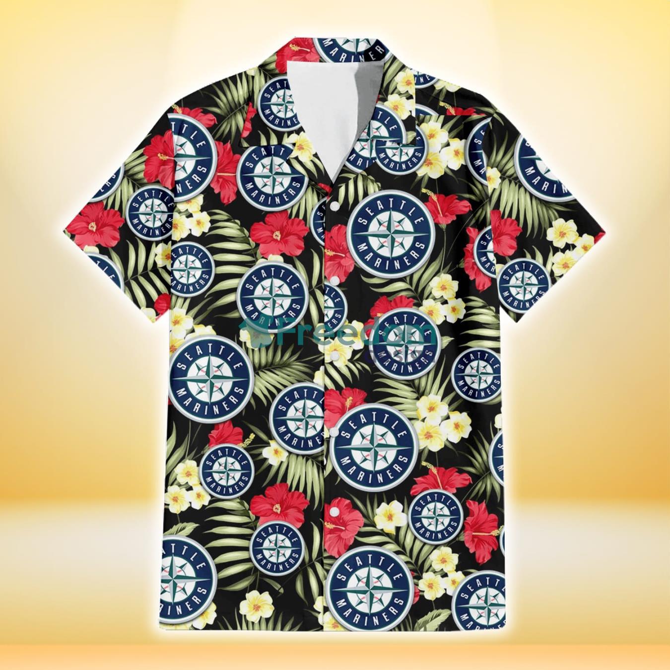 Seattle Mariners Red Hibiscus Yellow Porcelain Flower Black Background 3D Hawaiian Shirt Gift For Fans Product Photo 2