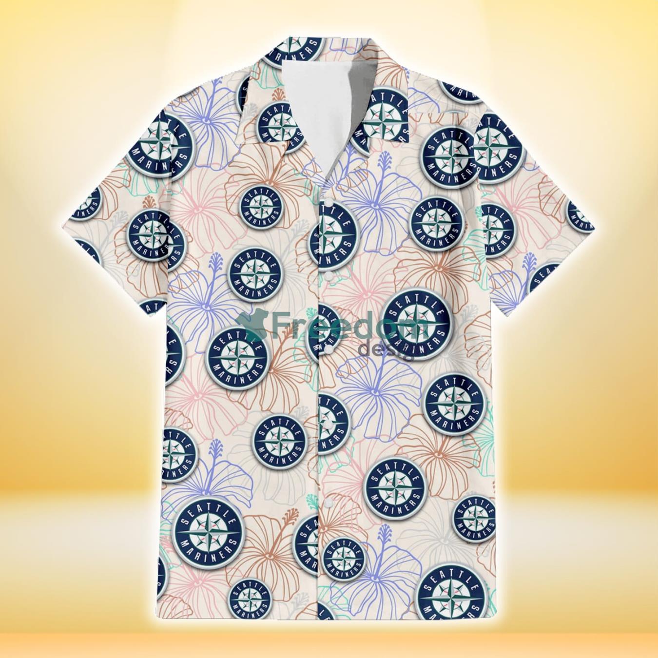 Seattle Mariners Sketch Pastel Hibiscus Beige Background 3D Hawaiian Shirt Gift For Fans Product Photo 2