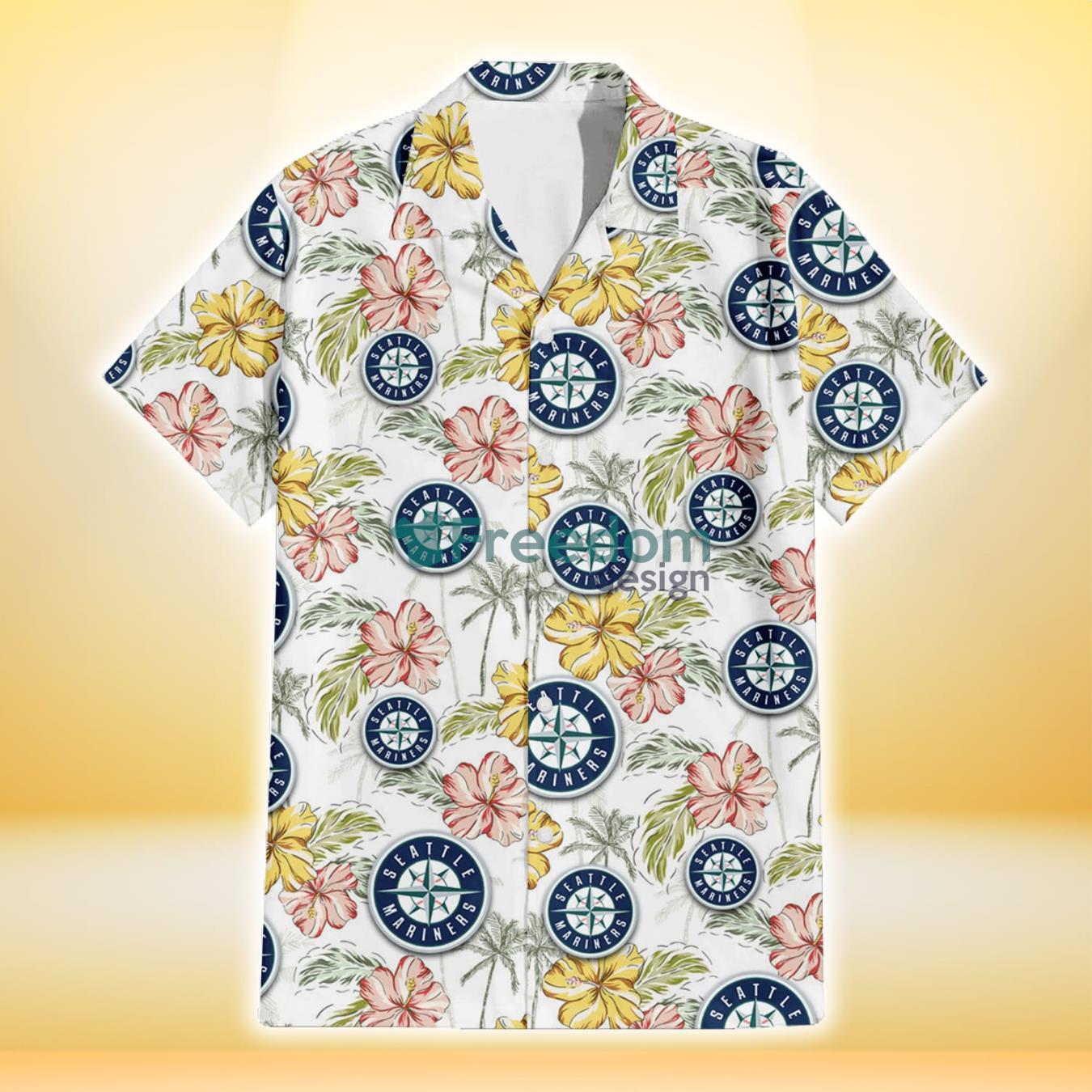 Seattle Mariners Sketch Red Yellow Coconut Tree White Background 3D Hawaiian Shirt Gift For Fans Product Photo 2