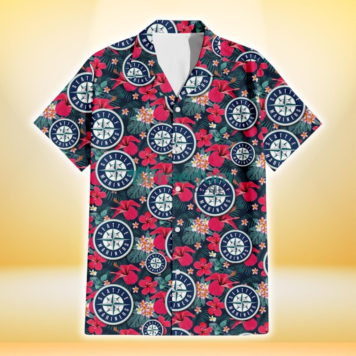 Seattle Mariners Tiny Red Hibiscus White Porcelain Flower Black Background 3D Hawaiian Shirt Gift For Fans Product Photo 2