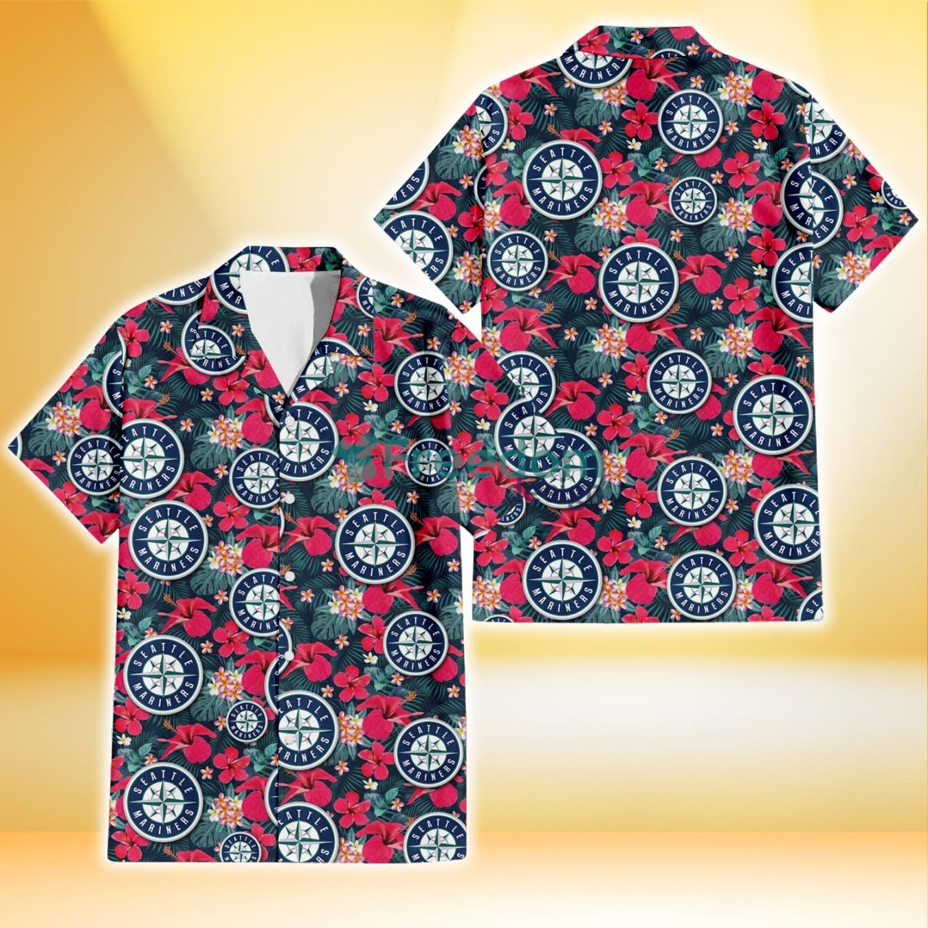 Seattle Mariners Tiny Red Hibiscus White Porcelain Flower Black Background 3D Hawaiian Shirt Gift For Fans Product Photo 1