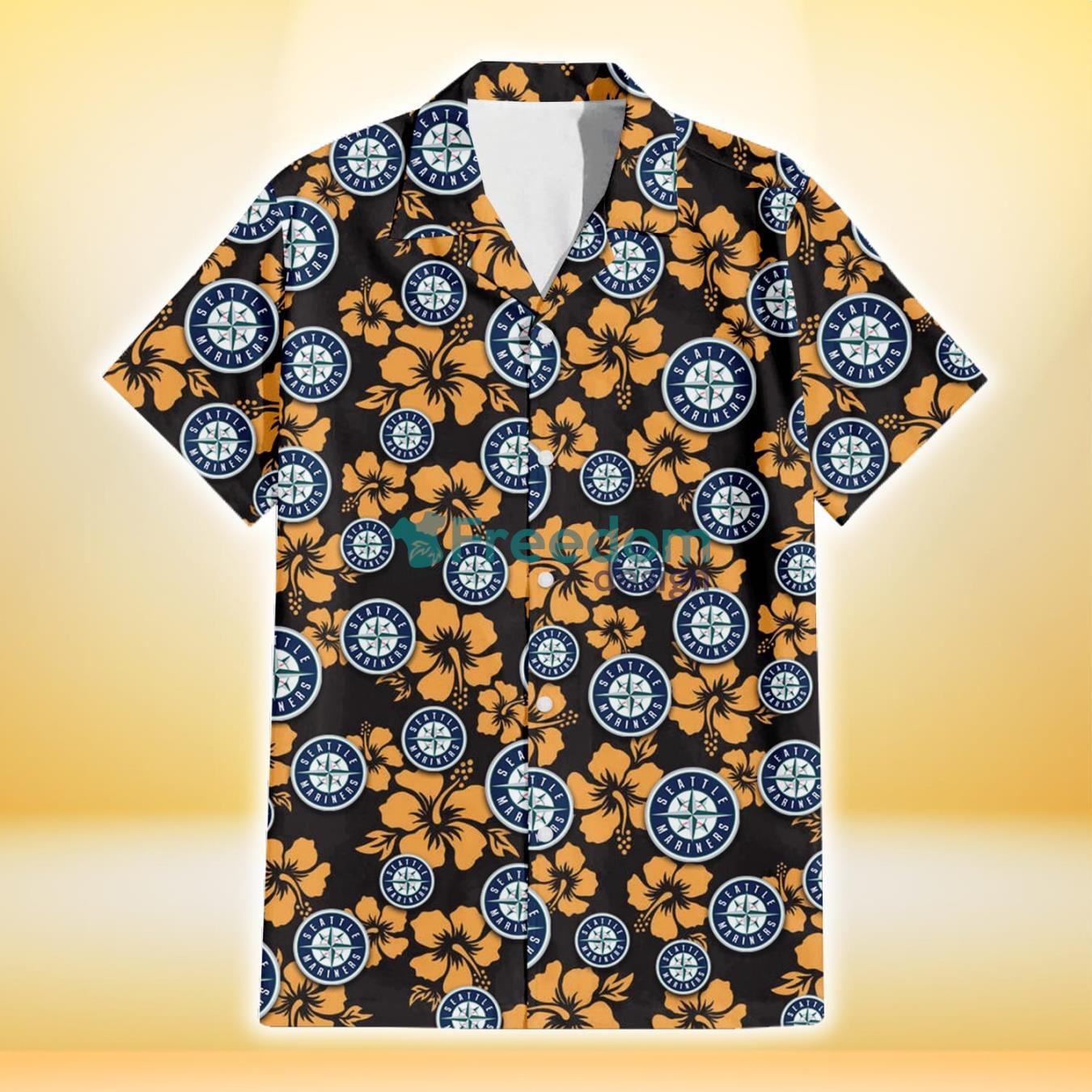 Seattle Mariners Tiny Yellow Hibiscus Black Background 3D Hawaiian Shirt Gift For Fans Product Photo 2