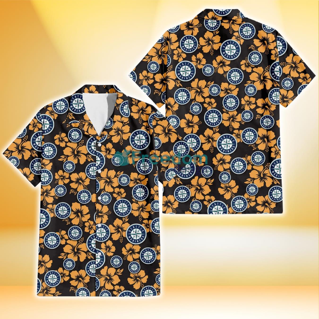 Seattle Mariners Tiny Yellow Hibiscus Black Background 3D Hawaiian Shirt Gift For Fans Product Photo 1