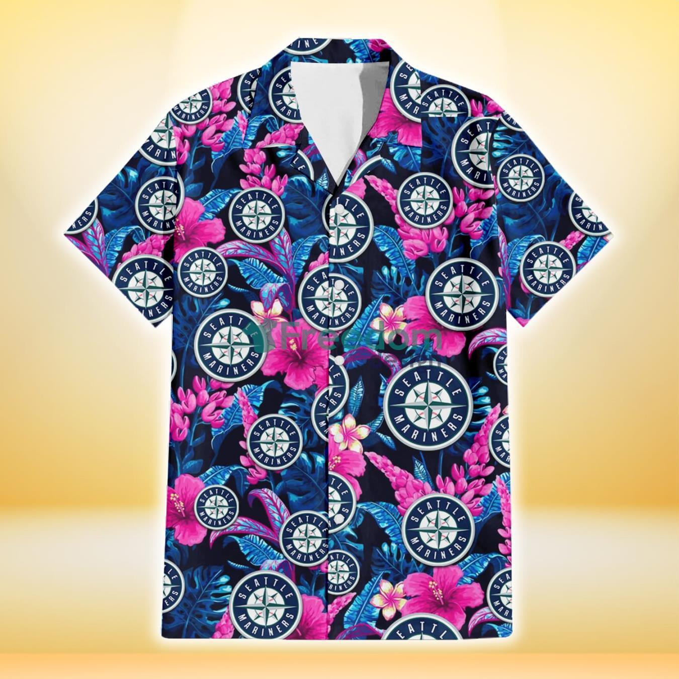 Seattle Mariners Violet Red Hibiscus Blue Leaf Black Background 3D Hawaiian Shirt Gift For Fans Product Photo 2