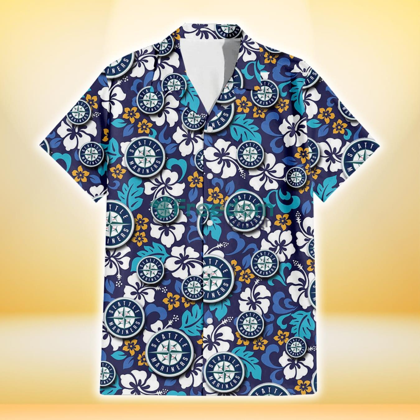 Seattle Mariners White Hibiscus Ceramic Style Navy Background 3D Hawaiian Shirt Gift For Fans Product Photo 2