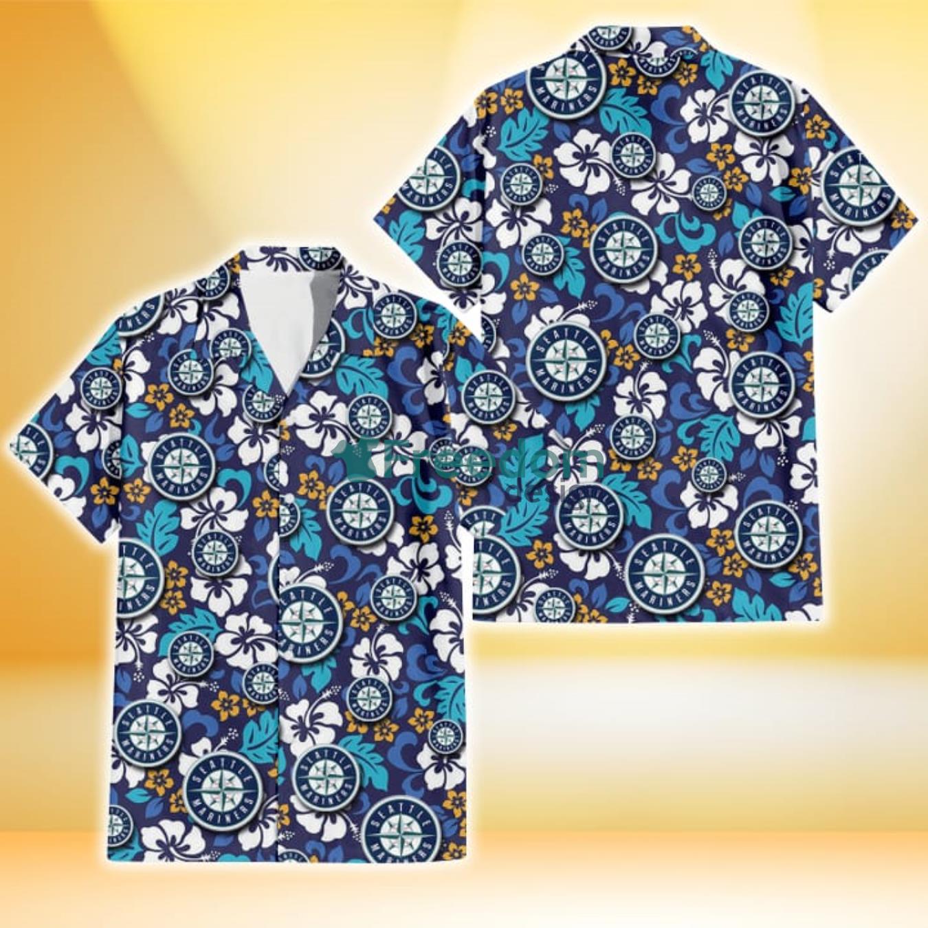 Seattle Mariners White Hibiscus Ceramic Style Navy Background 3D Hawaiian Shirt Gift For Fans Product Photo 1