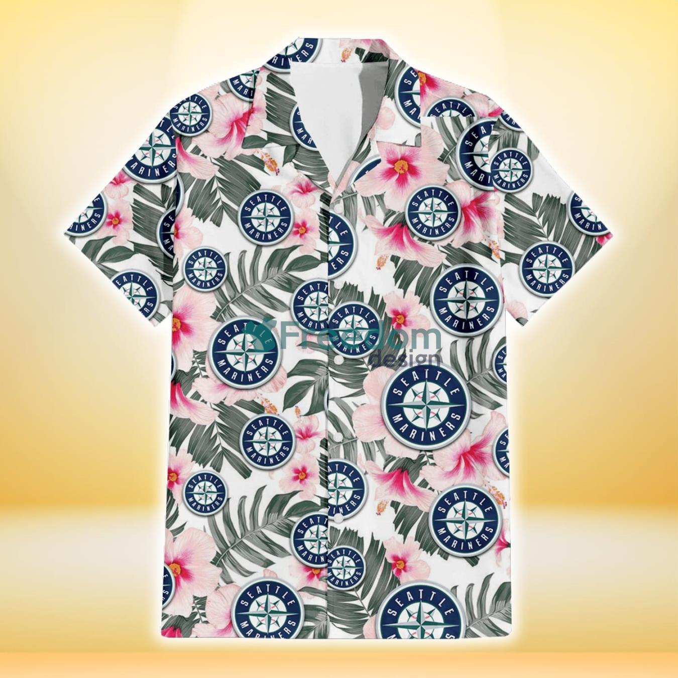 Seattle Mariners White Hibiscus Green Leaf White Background 3D Hawaiian Shirt Gift For Fans Product Photo 2