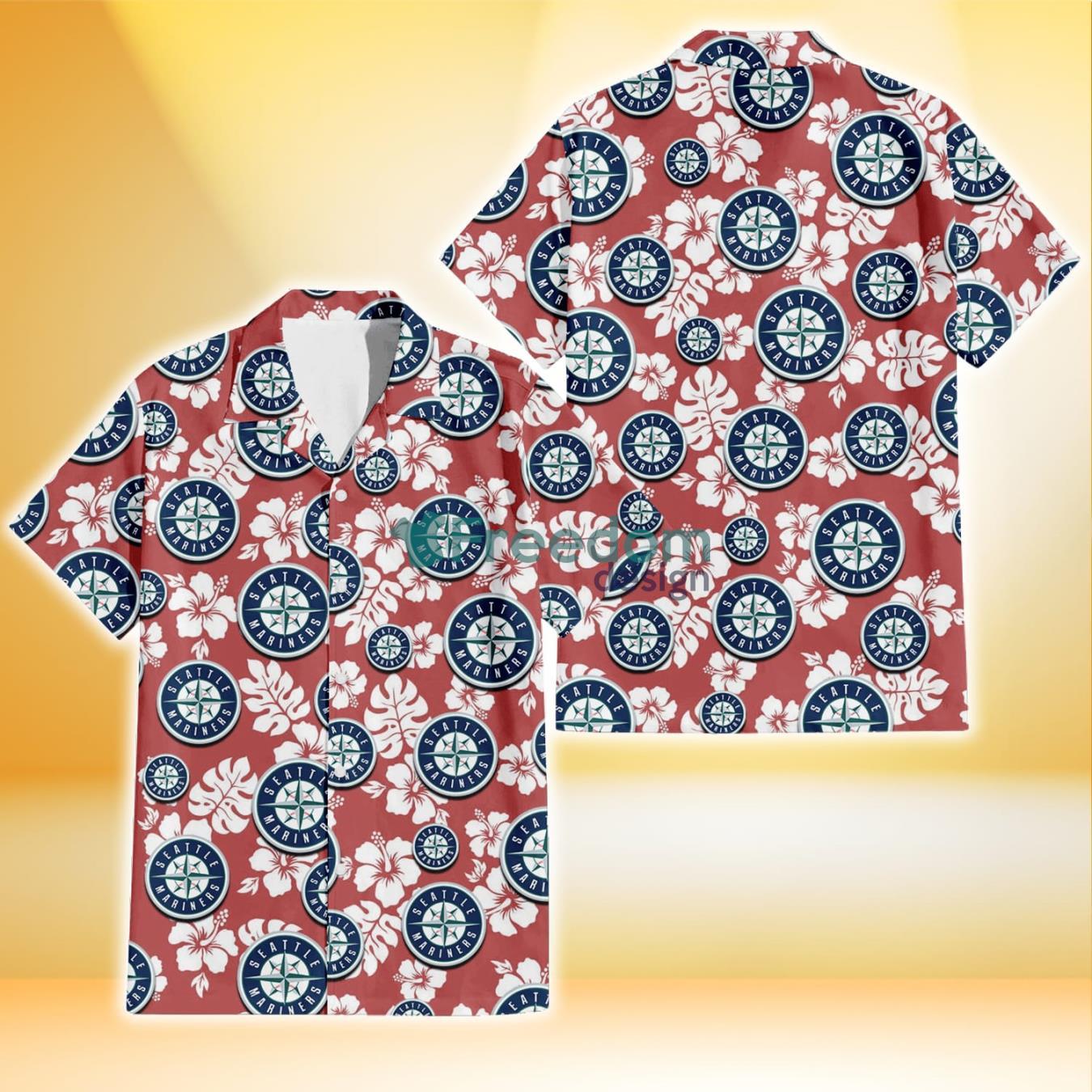 Seattle Mariners White Hibiscus Indian Red Background 3D Hawaiian Shirt Gift For Fans Product Photo 1