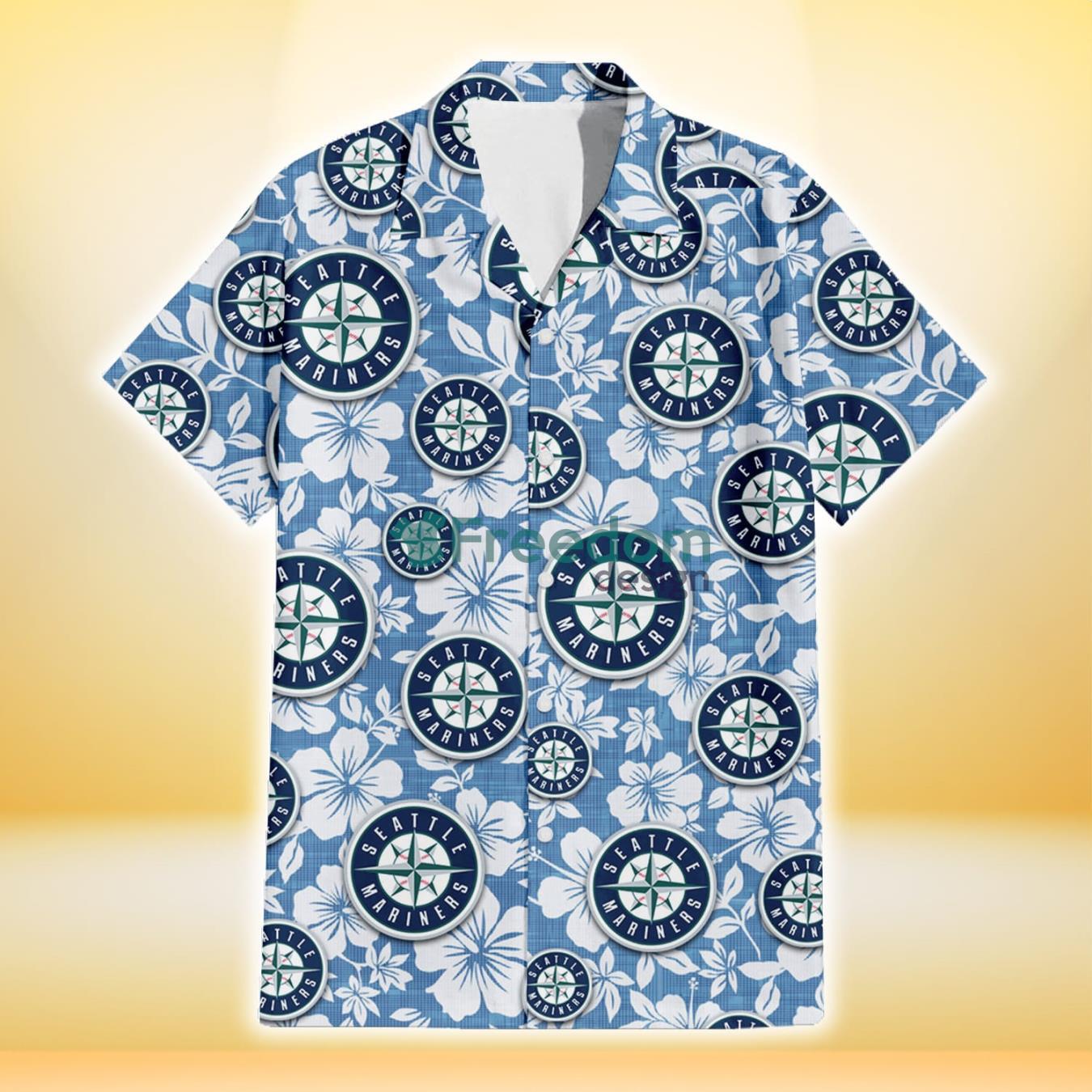 Seattle Mariners White Hibiscus Light Blue Texture Background 3D Hawaiian Shirt Gift For Fans Product Photo 2