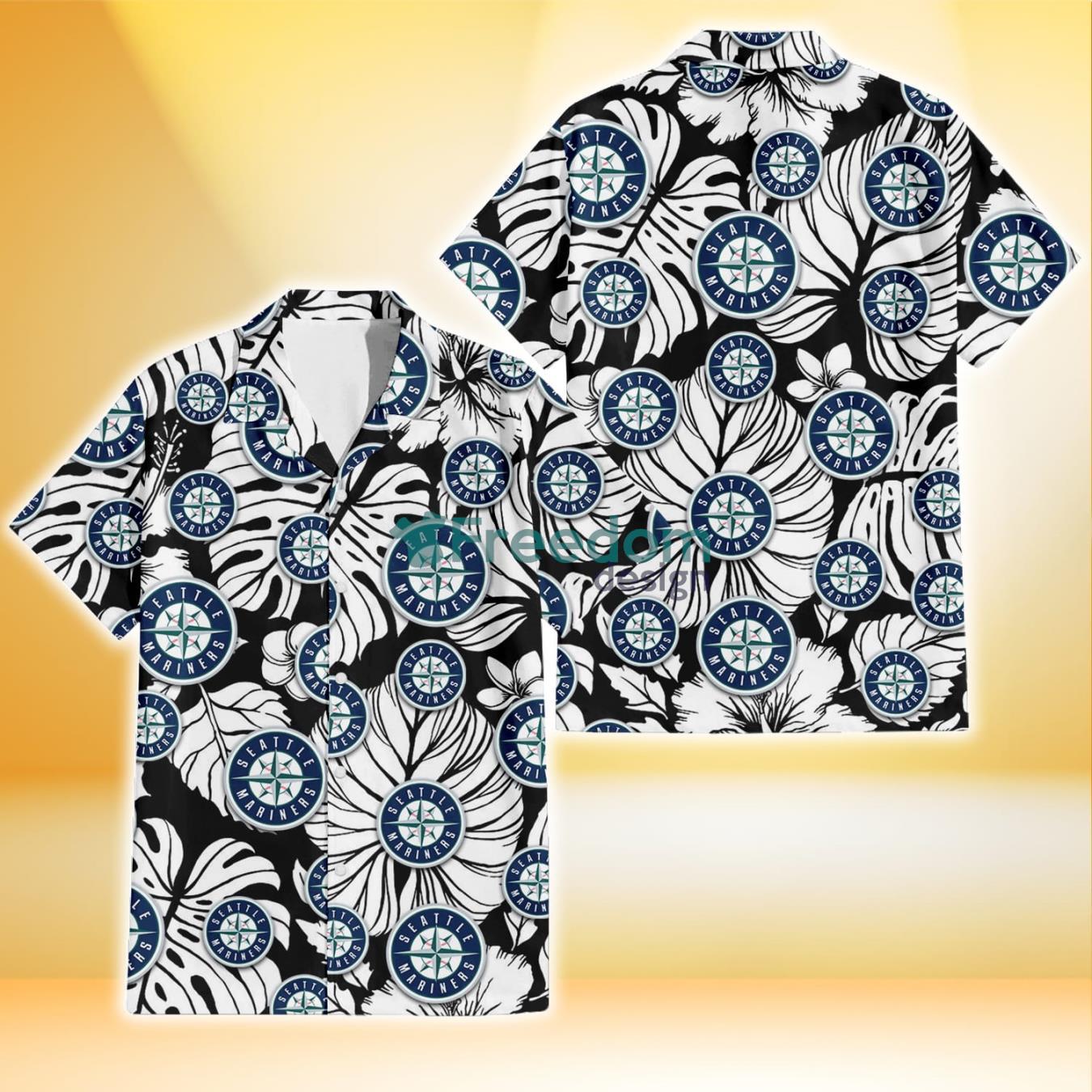 Seattle Mariners White Hibiscus Porcelain Flower Palm Leaf Black 3D Hawaiian Shirt Gift For Fans Product Photo 1