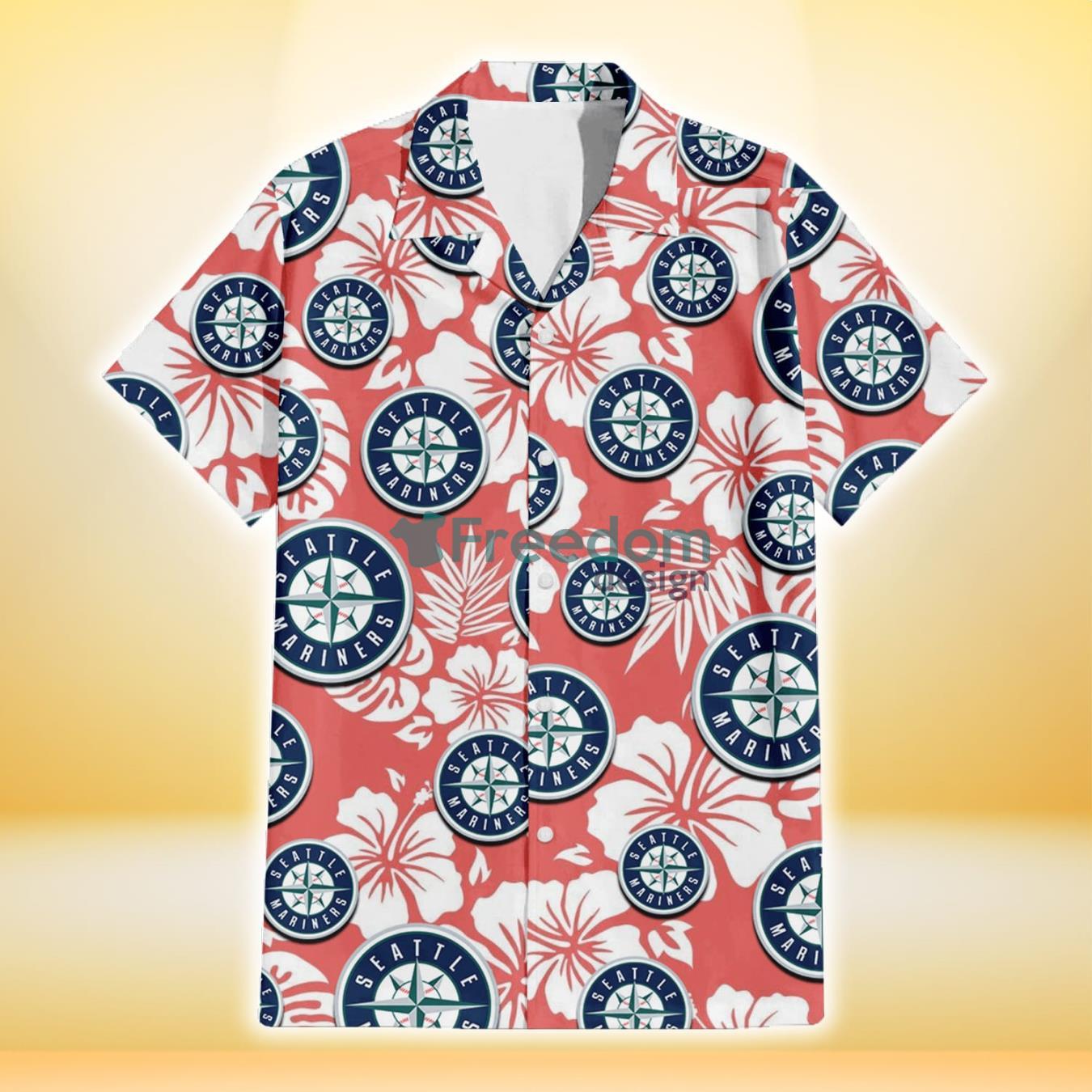 Seattle Mariners White Hibiscus Salmon Background 3D Hawaiian Shirt Gift For Fans Product Photo 2