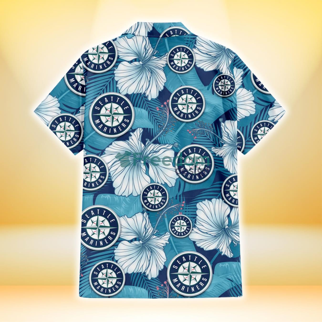 Seattle Mariners White Hibiscus Turquoise Banana Leaf Navy Background 3D  Hawaiian Shirt Gift For Fans - Freedomdesign