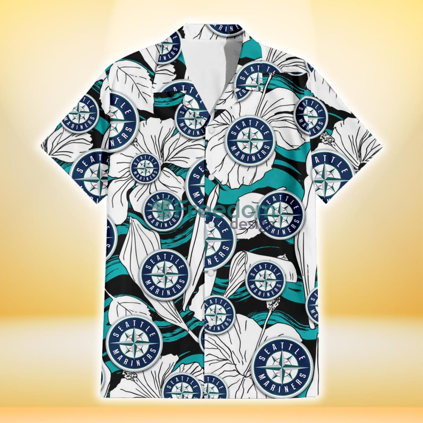 Seattle Mariners White Hibiscus Turquoise Wave Black Background 3D Hawaiian Shirt Gift For Fans Product Photo 2