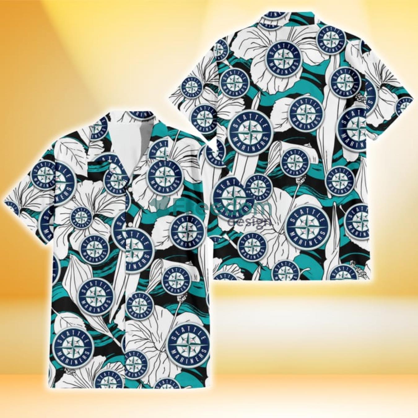 Seattle Mariners White Hibiscus Turquoise Wave Black Background 3D Hawaiian Shirt Gift For Fans Product Photo 1