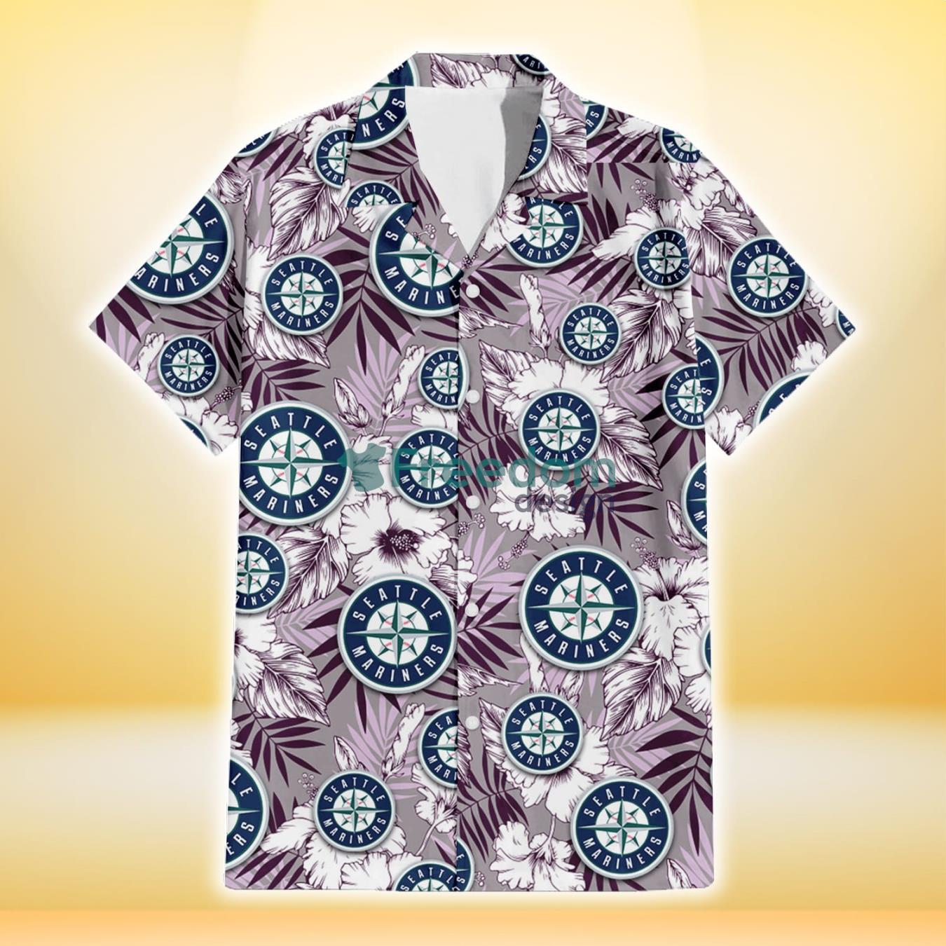 Seattle Mariners White Hibiscus Violet Leaves Light Grey Background 3D Hawaiian Shirt Gift For Fans Product Photo 2