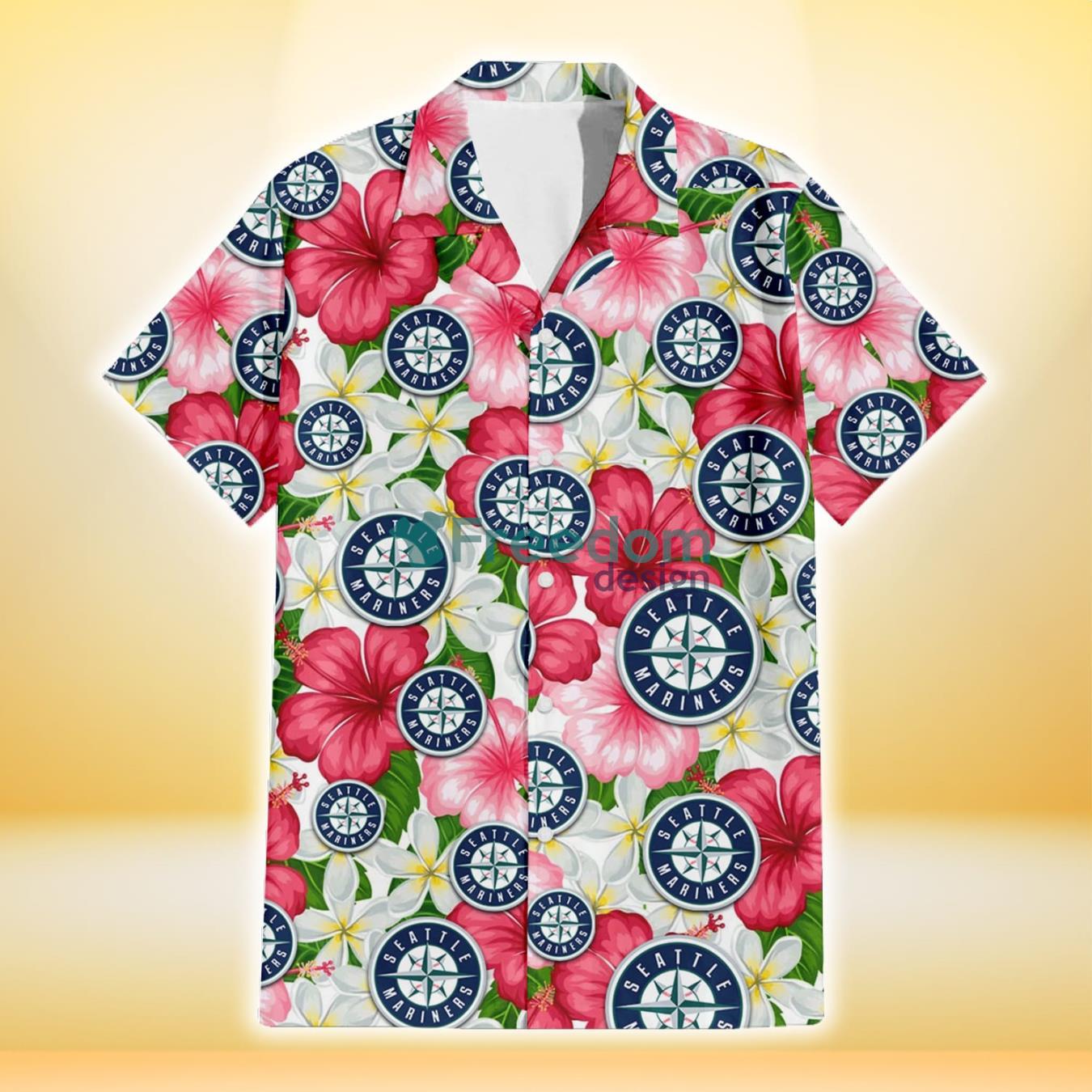 Seattle Mariners White Porcelain Flower Pink Hibiscus White Background 3D Hawaiian Shirt Gift For Fans Product Photo 2