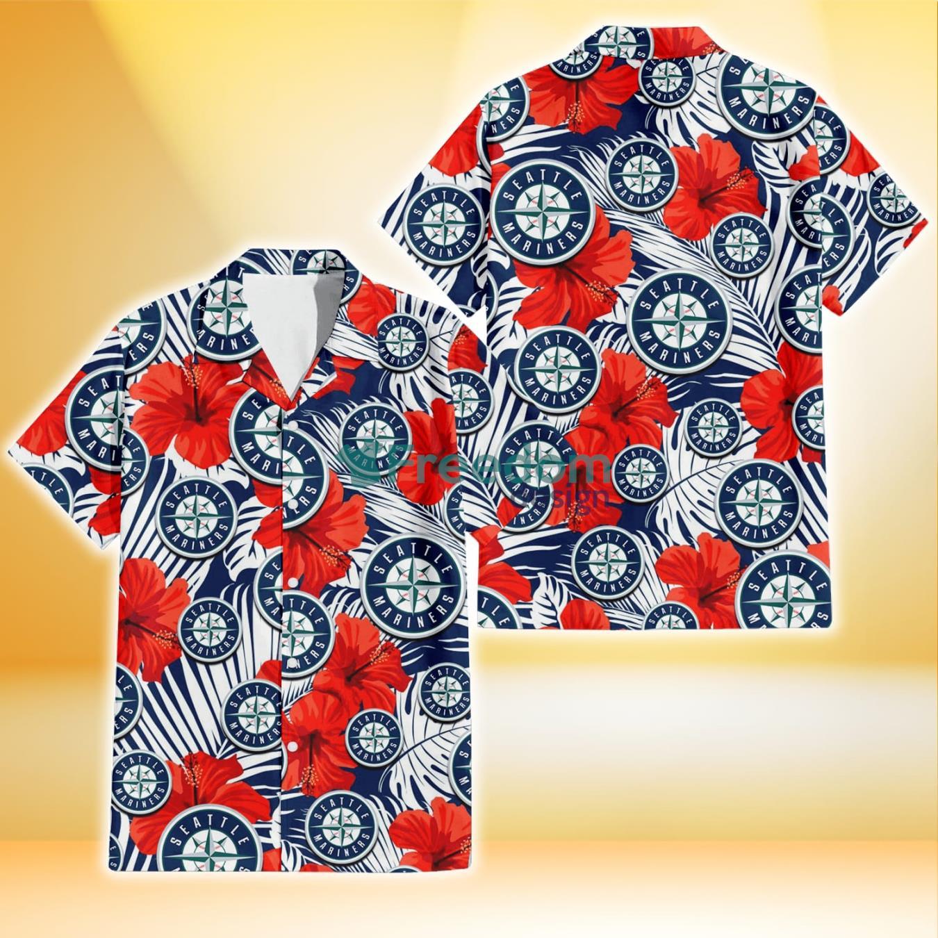 Seattle Mariners White Tropical Leaf Red Hibiscus Navy Background 3D Hawaiian Shirt Gift For Fans Product Photo 1