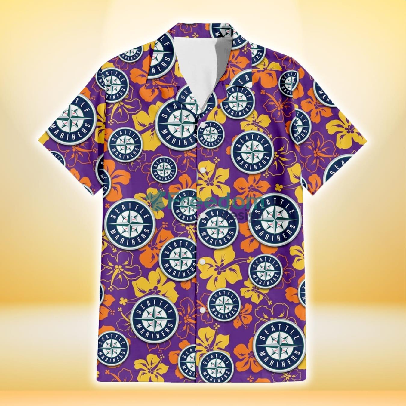 Seattle Mariners Yellow And Orange Hibiscus Purple Background 3D Hawaiian Shirt Gift For Fans Product Photo 2