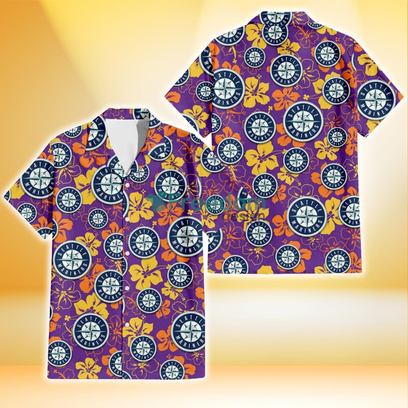 Seattle Mariners Yellow And Orange Hibiscus Purple Background 3D Hawaiian Shirt Gift For Fans Product Photo 1