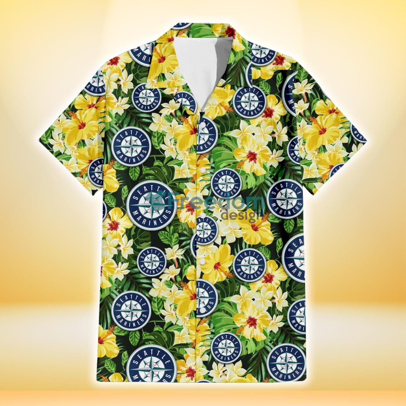 Seattle Mariners Yellow Hibiscus Tropical Green Leaf Black Background 3D Hawaiian Shirt Gift For Fans Product Photo 2