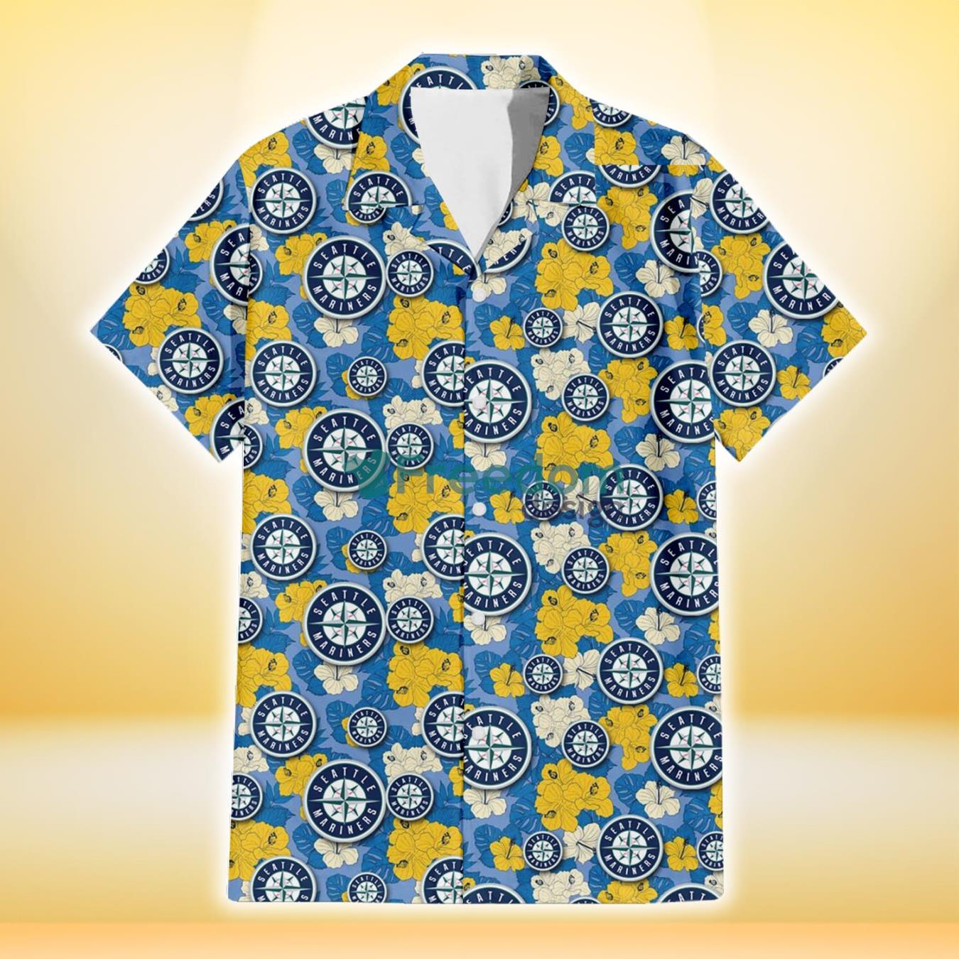 Seattle Mariners Yellow White Hibiscus Powder Blue Background 3D Hawaiian Shirt Gift For Fans Product Photo 2