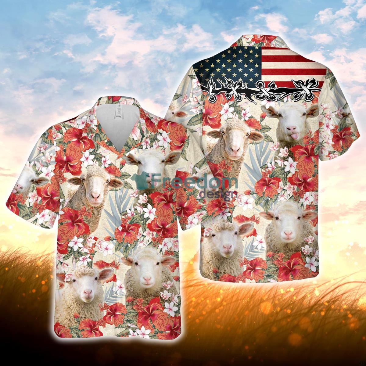 Sheep Hibicus Floral US Flag 3D Hawaiian Shirt For Men Women Product Photo 1