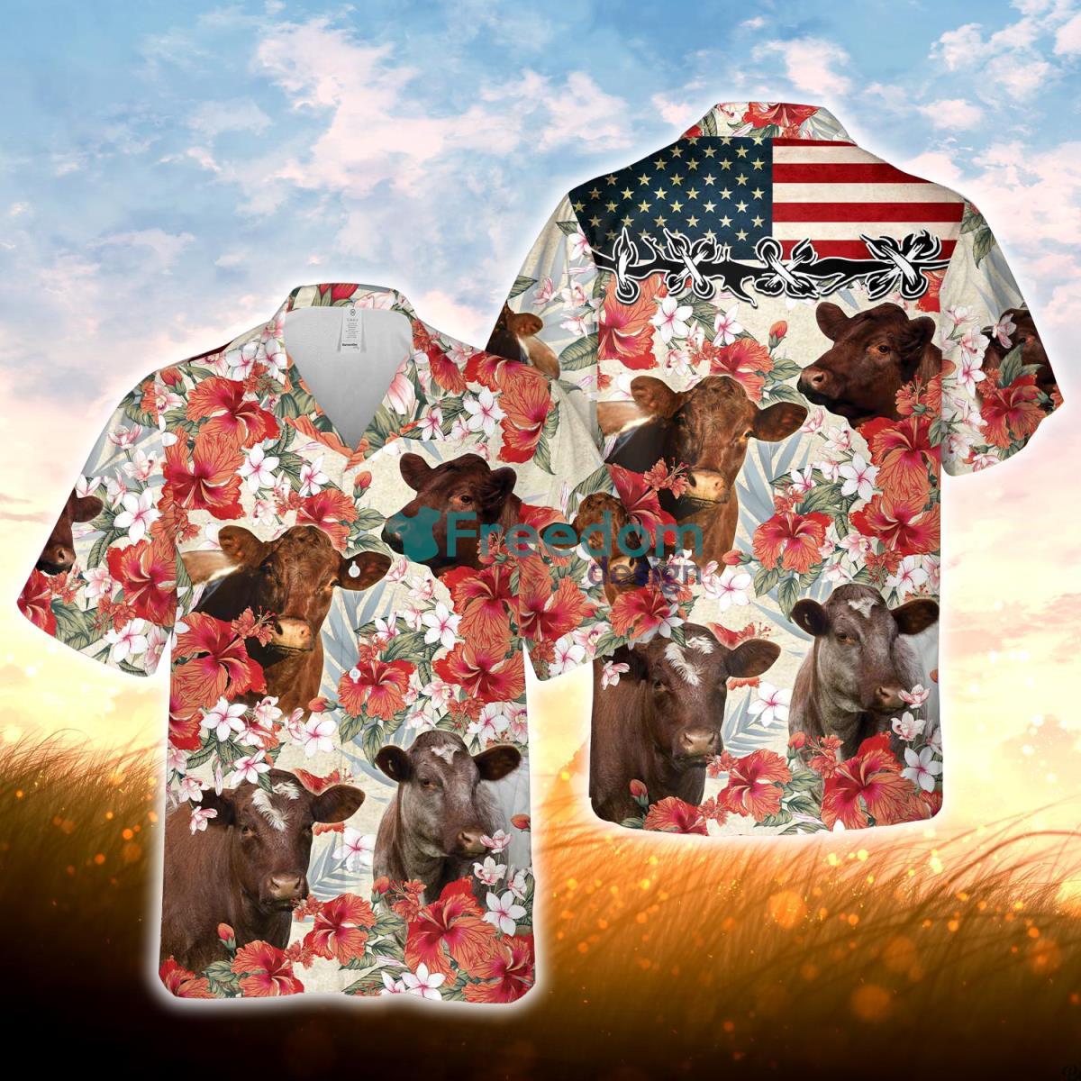 Shorthorn Hibicus Floral US Flag 3D Hawaiian Shirt For Men Women Product Photo 1