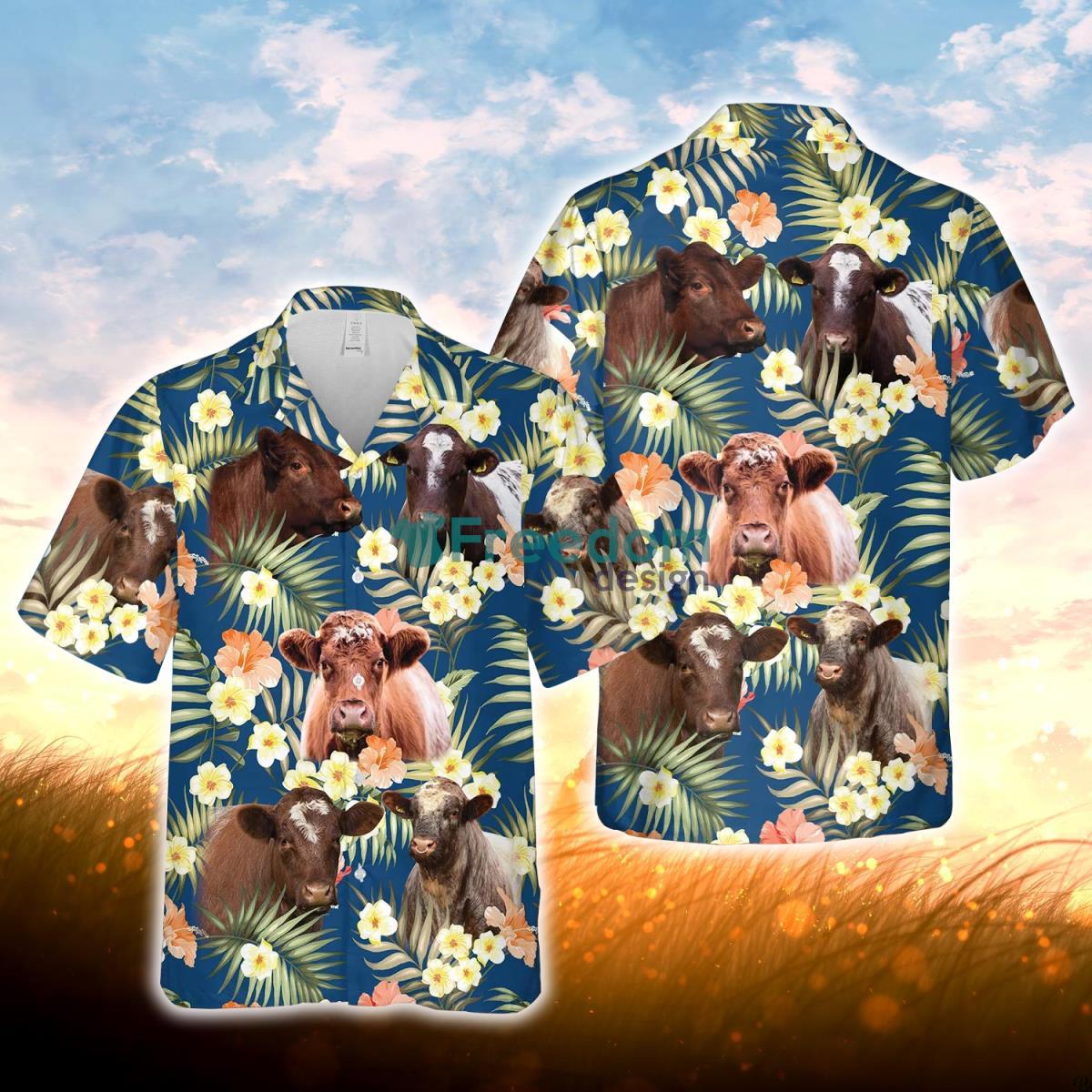 Shorthorn Summer Blue Floral 3D Hawaiian Shirt For Men Women Product Photo 1