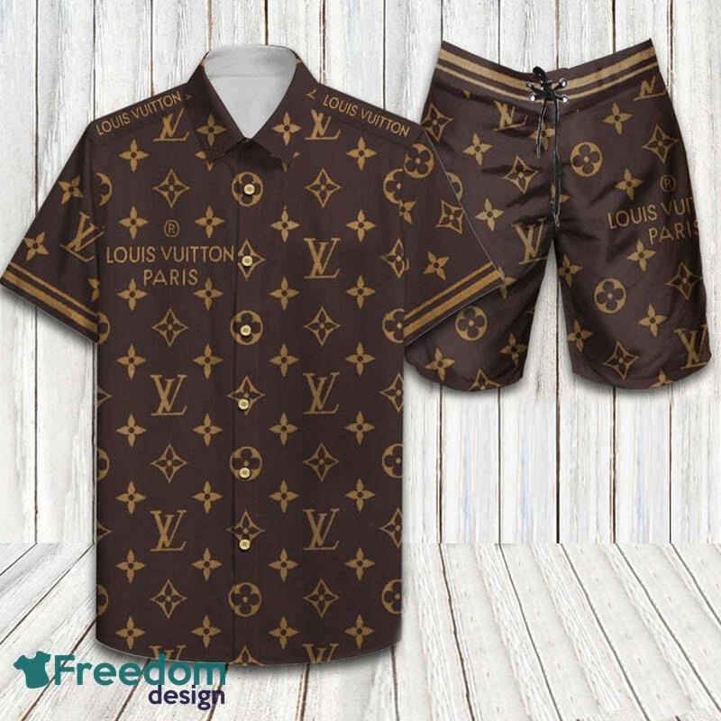 Couture vacation look Louis Vuitton Logo Pattern Hawaiian Shirt And Short  Set - Freedomdesign