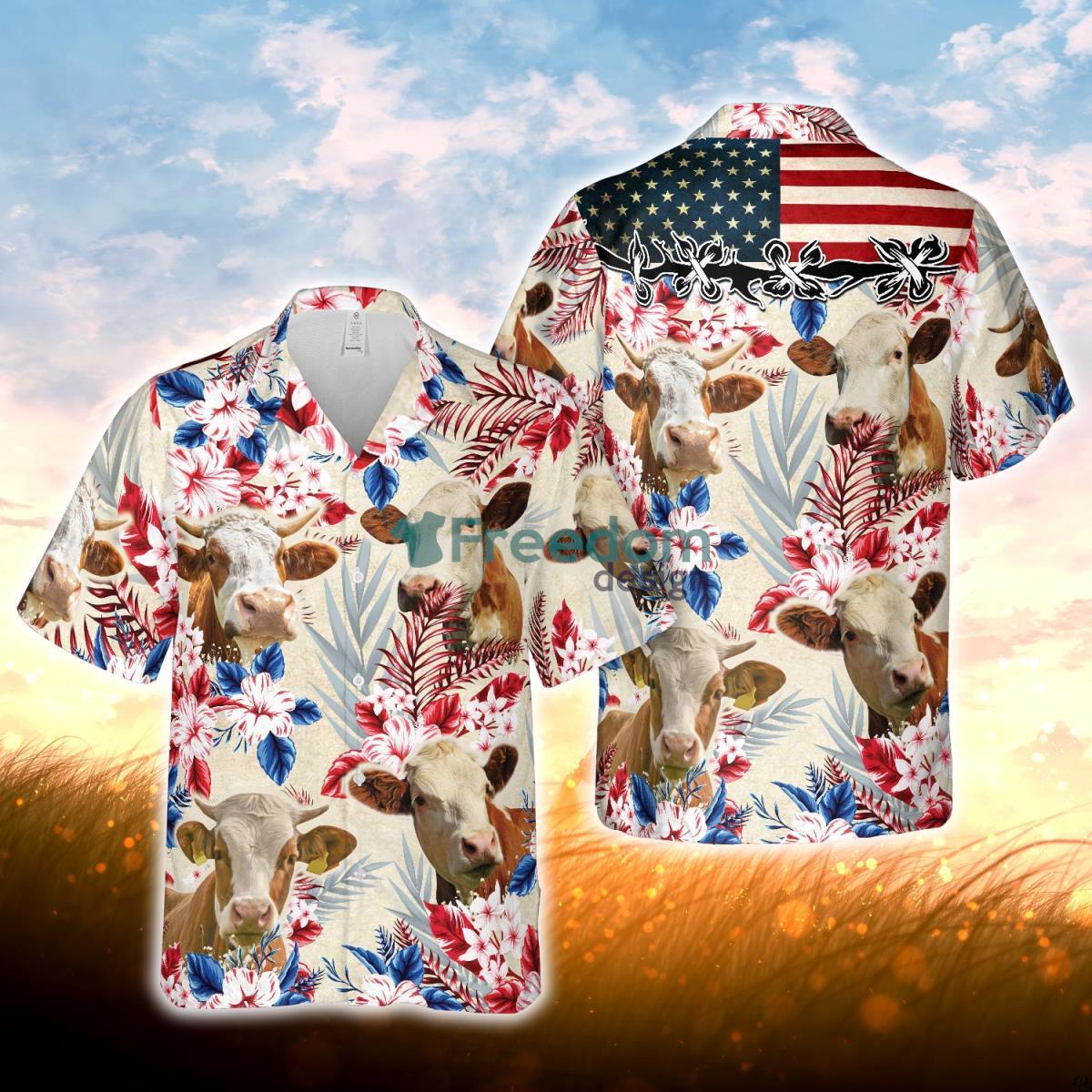 Simmental Pattern US Flag Hawaiian Shirt For Men Women Product Photo 1