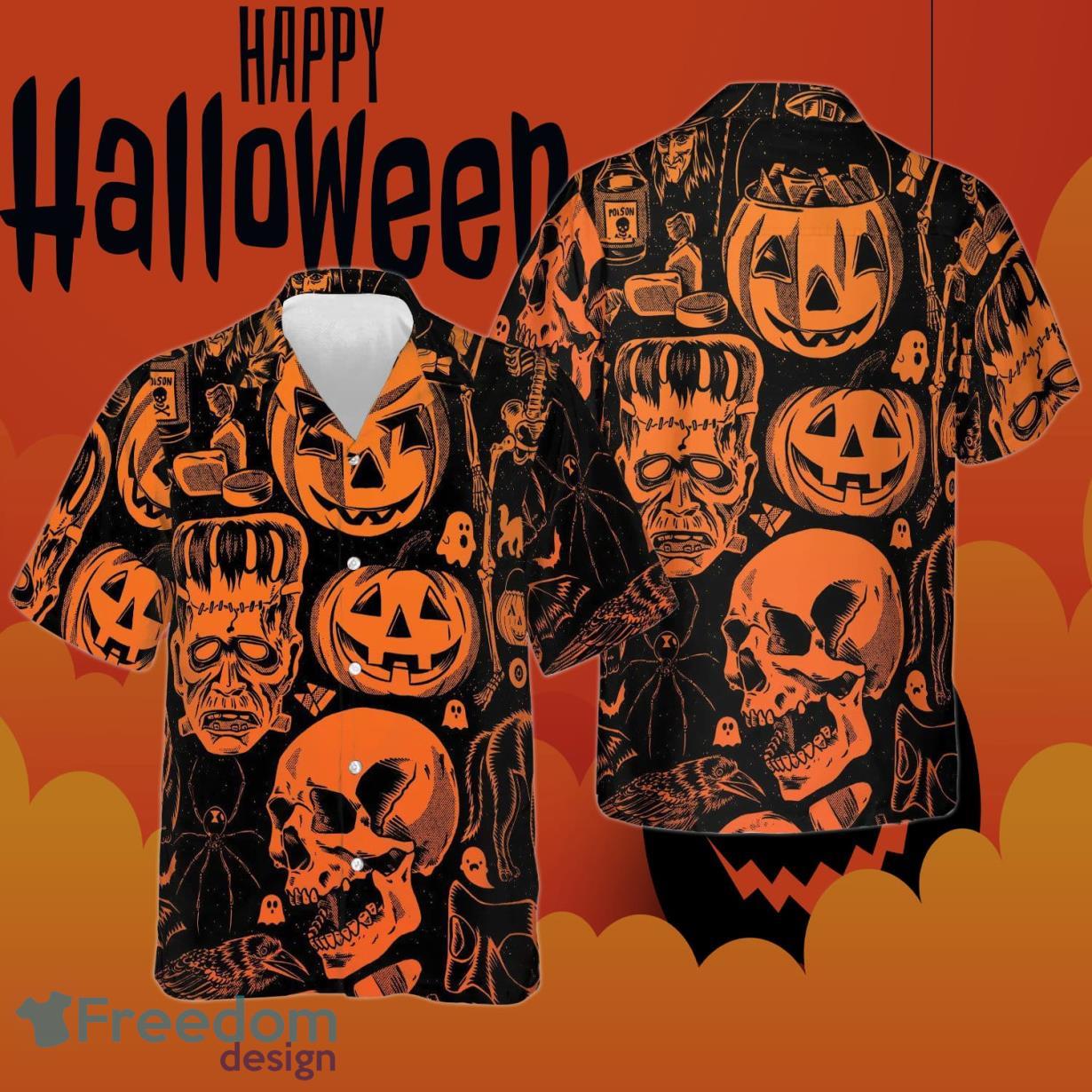 Skull Pumpkin Halloween Hawaiian Shirt Spooky Halloween Button Down Shirt Product Photo 1