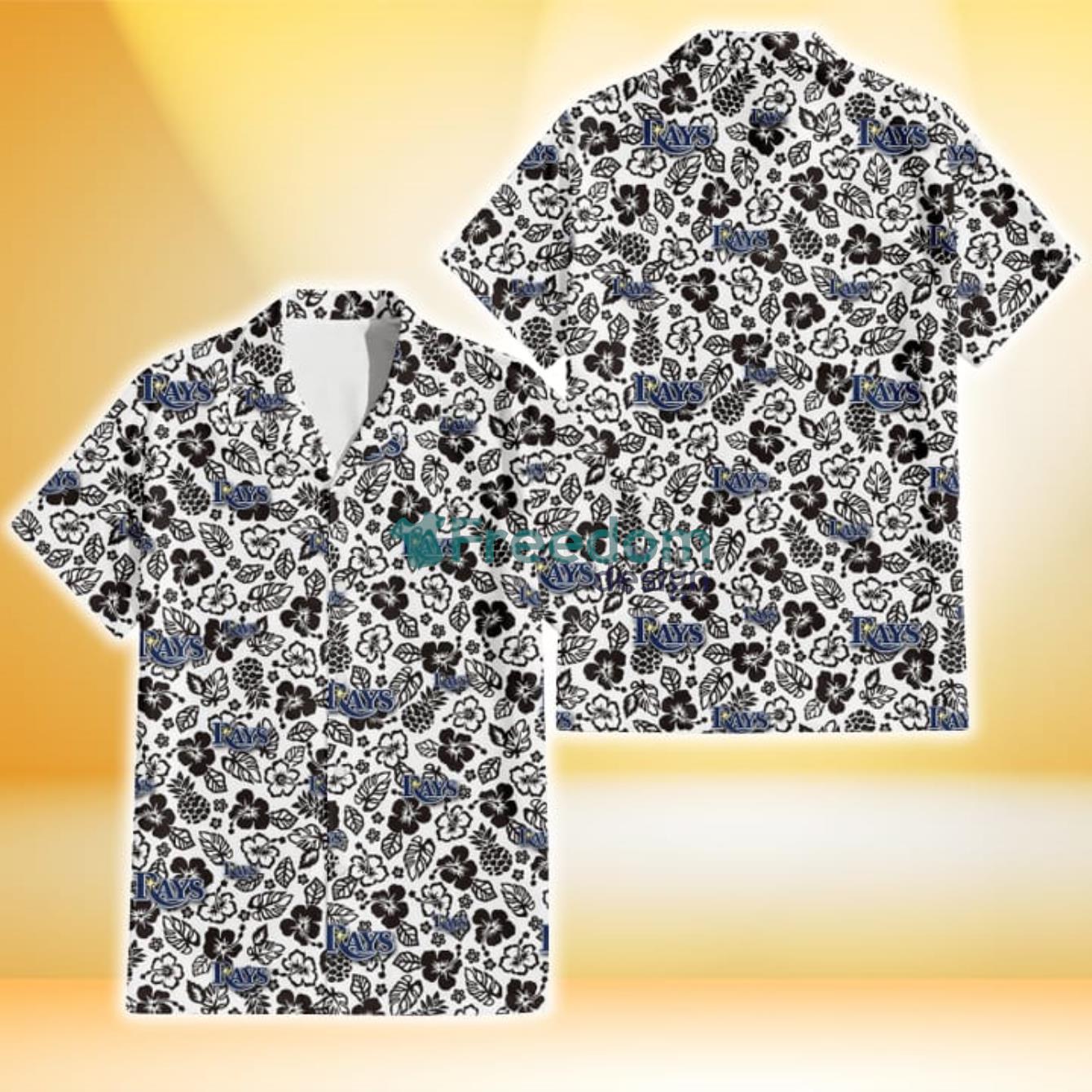 Tampa Bay Rays Black And White Hibiscus Leaf White Background 3D Hawaiian Shirt Gift For Fans Product Photo 1