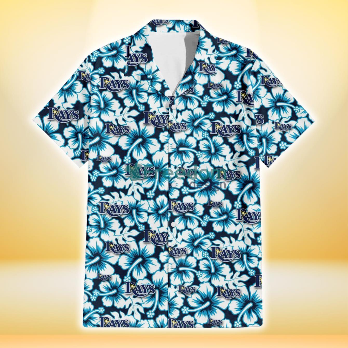 Tampa Bay Rays Blue Line White Hibiscus Black Background 3D Hawaiian Shirt Gift For Fans Product Photo 2