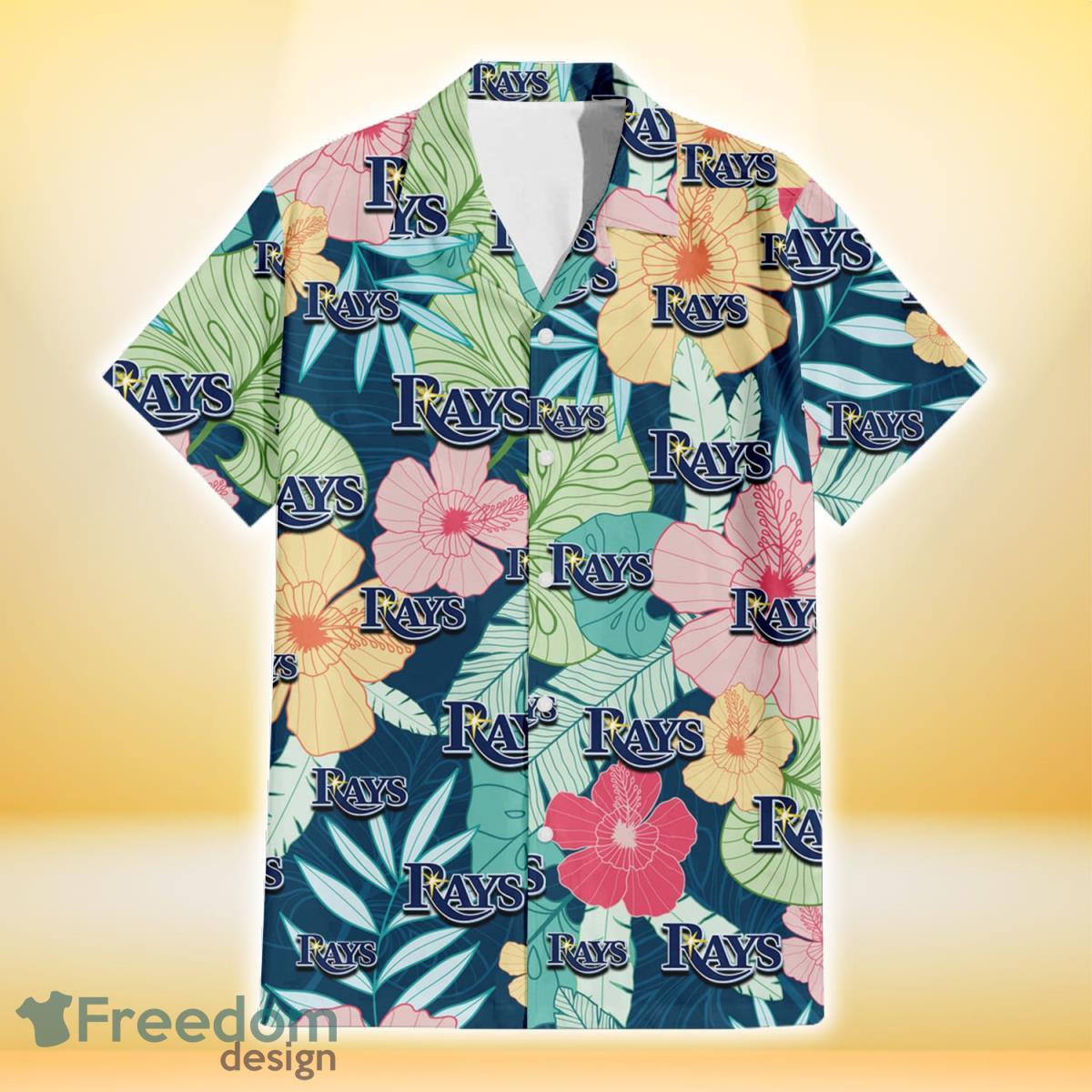 Tampa Bay Rays Colorful Sketch Hibiscus Dark Green Background 3D Hawaiian Shirt Gift For Fans Product Photo 2