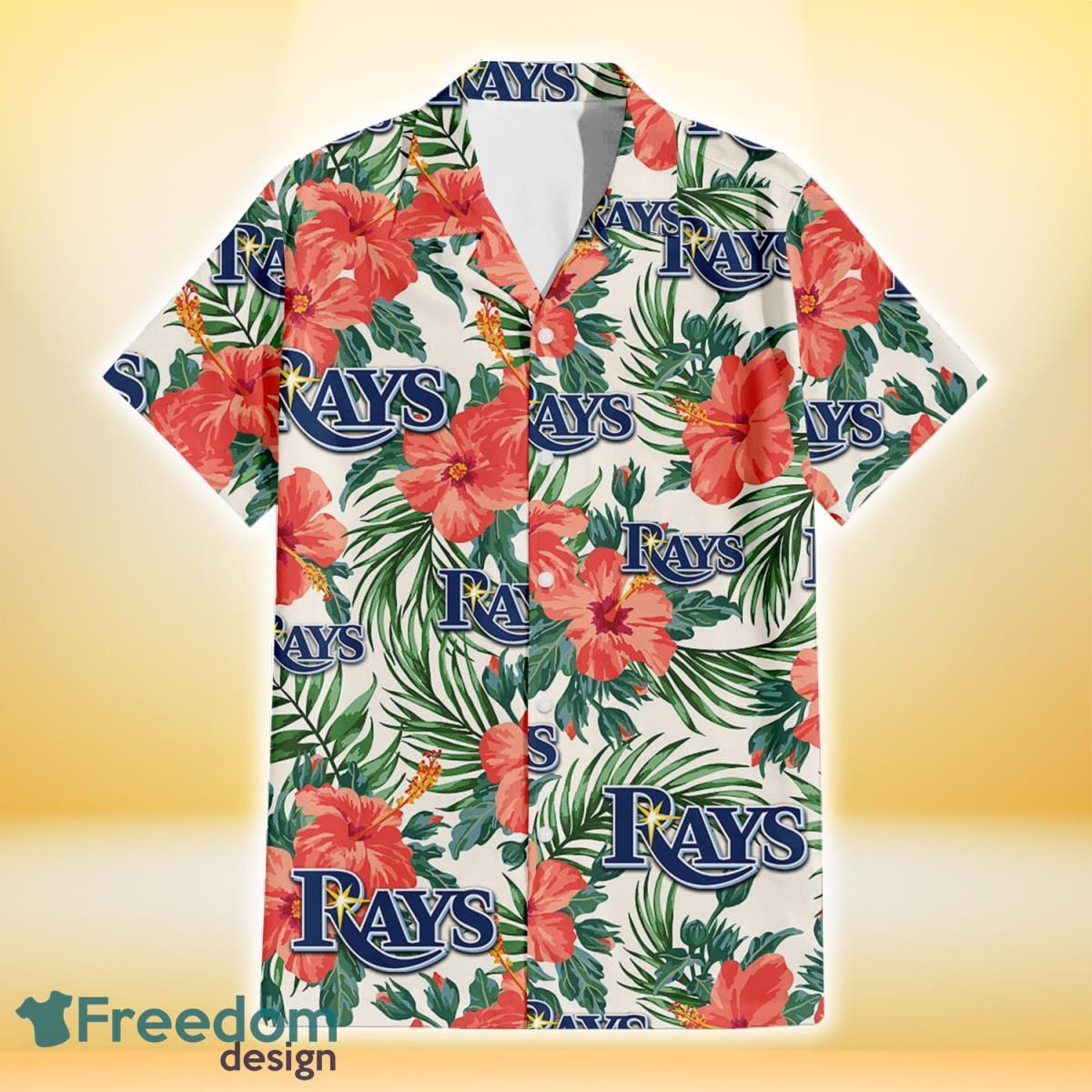 Tampa Bay Rays Coral Hibiscus Green Leaf Beige Background 3D Hawaiian Shirt Gift For Fans Product Photo 2