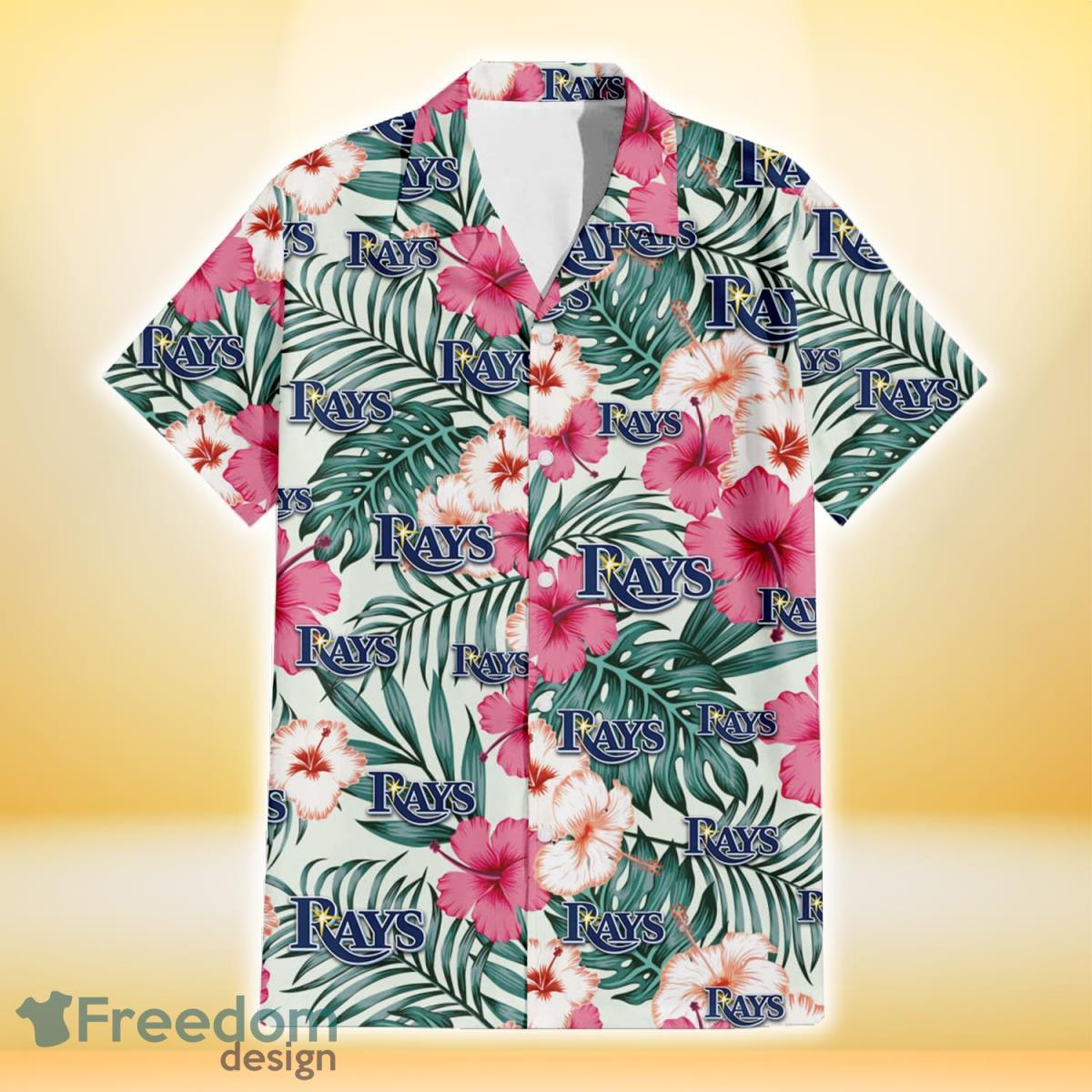 Tampa Bay Rays Coral Pink Hibiscus Green Leaf Beige Background 3D Hawaiian Shirt Gift For Fans Product Photo 2