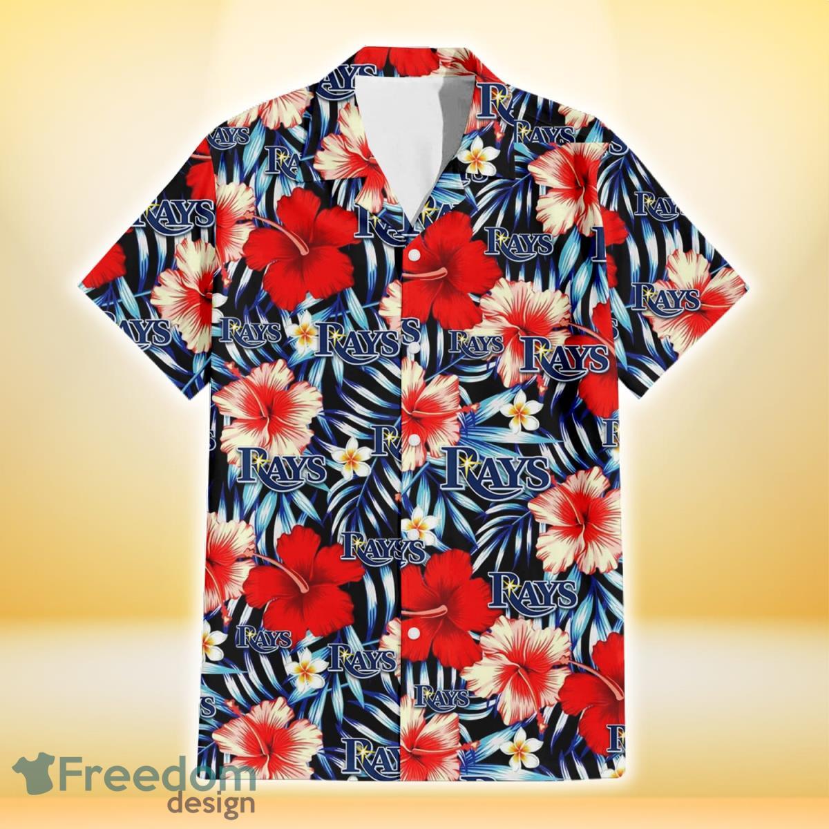 Tampa Bay Rays Coral Red Hibiscus Blue Palm Leaf Black Background 3D Hawaiian Shirt Gift For Fans Product Photo 2