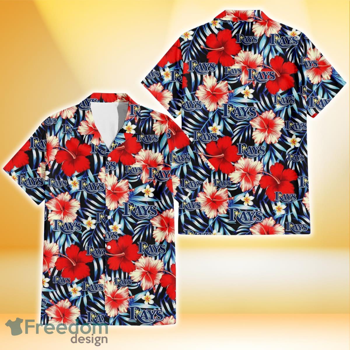 Tampa Bay Rays Coral Red Hibiscus Blue Palm Leaf Black Background 3D Hawaiian Shirt Gift For Fans Product Photo 1