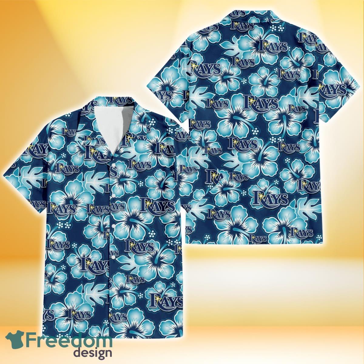 Tampa Bay Rays Dark Turquoise Hibiscus Navy Background 3D Hawaiian Shirt Gift For Fans Product Photo 1