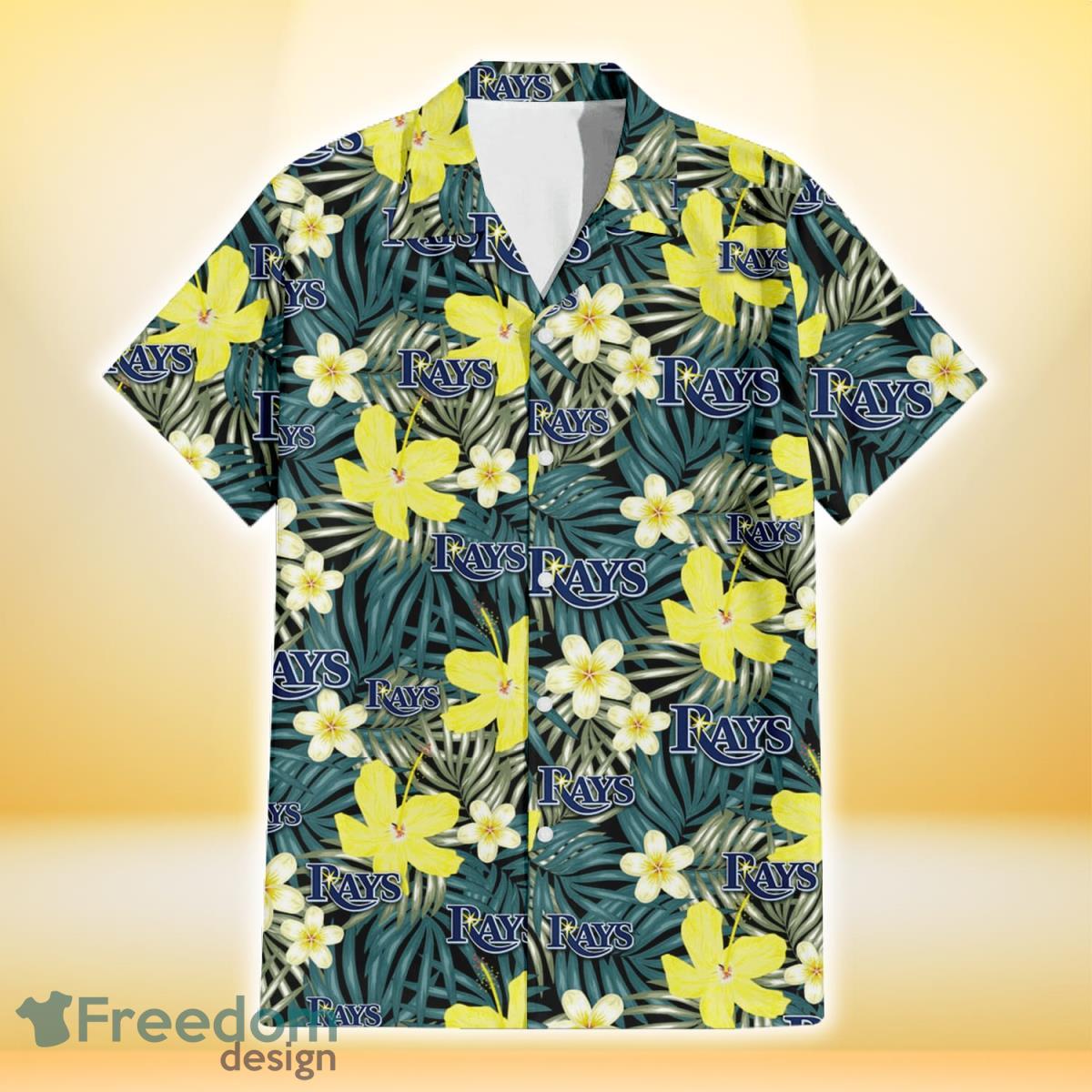 Tampa Bay Rays Hibiscus Green Palm Leaf Black Background 3D Hawaiian Shirt Gift For Fans Product Photo 2