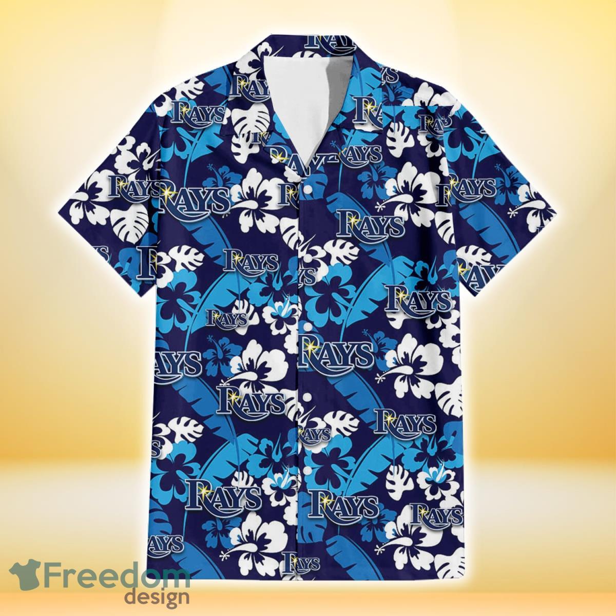 Tampa Bay Rays Light Blue Hibiscus Banana Leaf Navy Background 3D Hawaiian Shirt Gift For Fans Product Photo 2