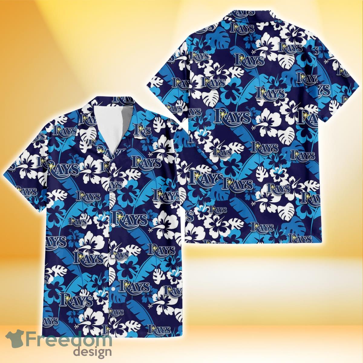 Tampa Bay Rays Light Blue Hibiscus Banana Leaf Navy Background 3D Hawaiian Shirt Gift For Fans Product Photo 1