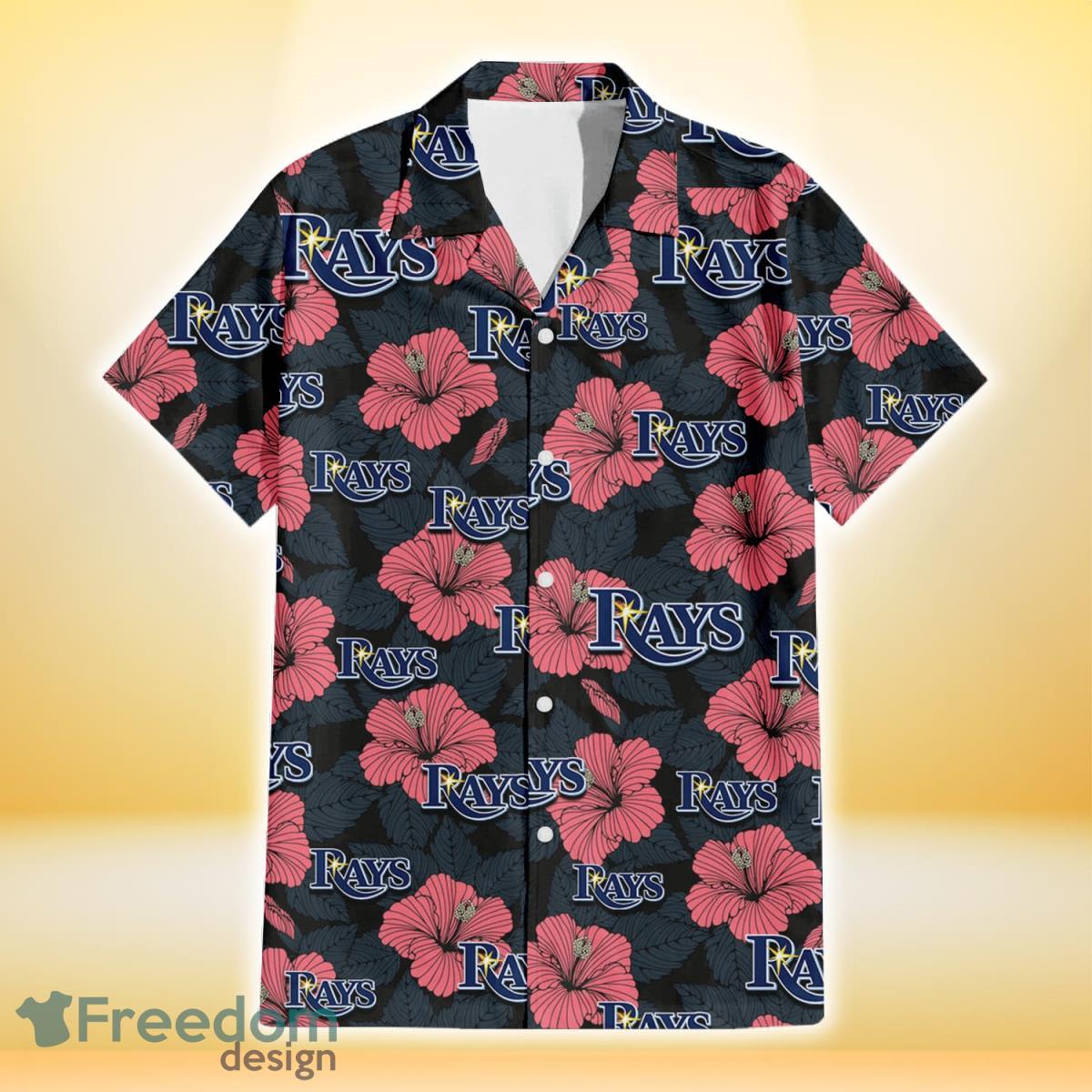 Tampa Bay Rays Light Coral Hibiscus Gray Leaf Black Background 3D Hawaiian Shirt Gift For Fans Product Photo 2