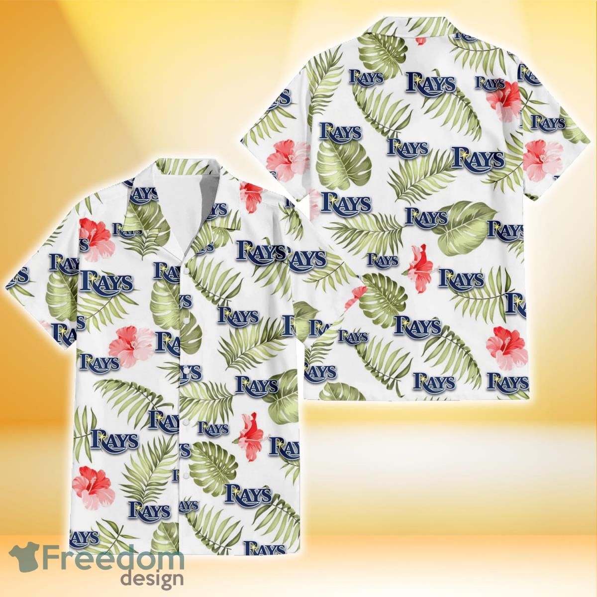 Tampa Bay Rays Light Salmon Hibiscus Green Leaf White Background 3D Hawaiian Shirt Gift For Fans Product Photo 1